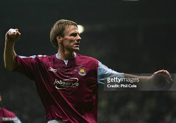 Teddy Sheringham of West Ham United celebrates scoring during the Barclays Premiership match between West Ham United and Portsmouth at Upton Park on...