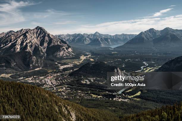 view of banff town from top of sulphur mountain, alberta, canada - sulphur mountain fotografías e imágenes de stock