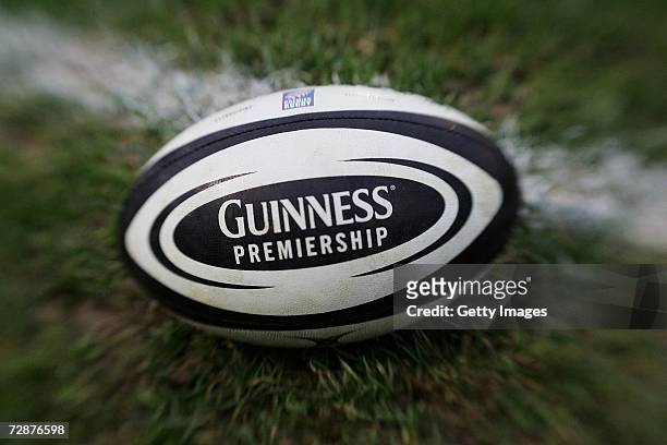 Generic Guinness Rugby ball sits on the turf during the Guinness Premiership match between Newcastle Falcons and Sale Sharks at Kingston Park on...