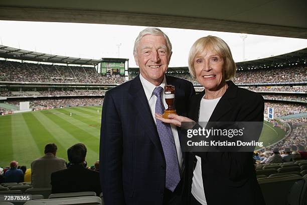 English TV Personality Michael Parkinson and his wife Mary pose together during day two of the fourth Ashes Test Match between Australia and England...