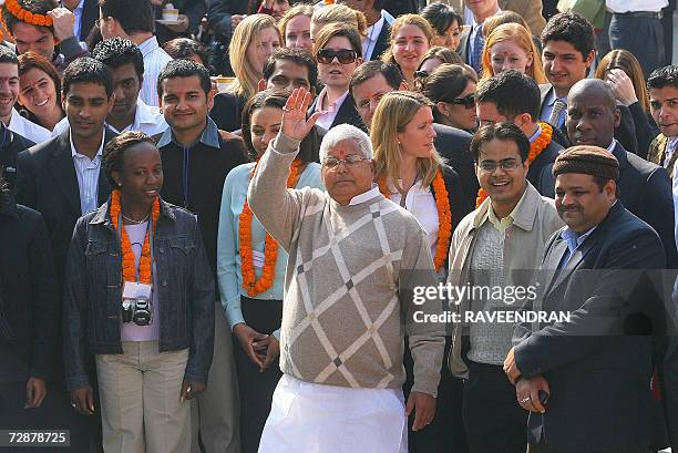 Indian Railway Minister Lalu Prasad Yadav meets students of the Harvard and Wharton Business School at the National Rail Museum in New Delhi, 27...