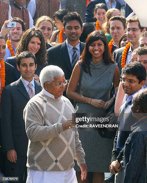 Indian Railway Minister Lalu Prasad Yadav meets students of the Harvard and Wharton Business School at the National Rail Museum in New Delhi, 27...