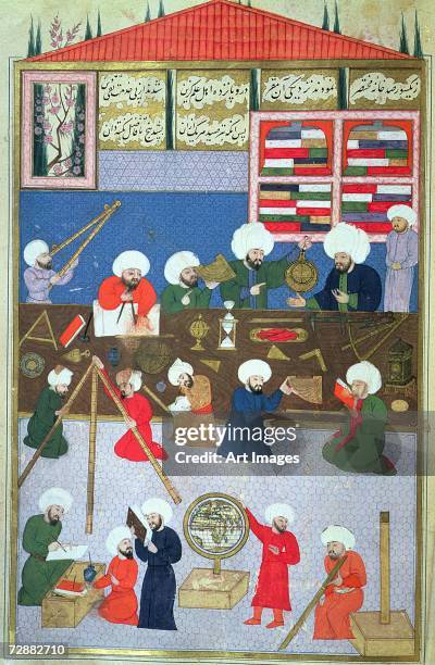 Takyuddin and other astronomers at the Galata observatory founded in 1557 by Sultan Suleyman, from the Sehinsahname of Murad III, c.1581