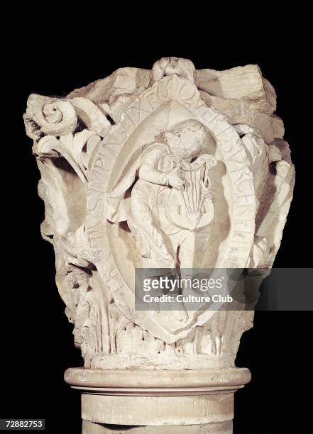 Capital depicting the Third Key of Plainsong with a lute player, c.1095