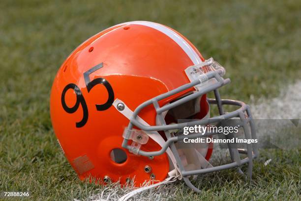 Kamerion Wimbley's Cleveland Browns helmet shows the "turn-back-the-clock" look worn during a game on November 26, 2006 against the Cincinnati...