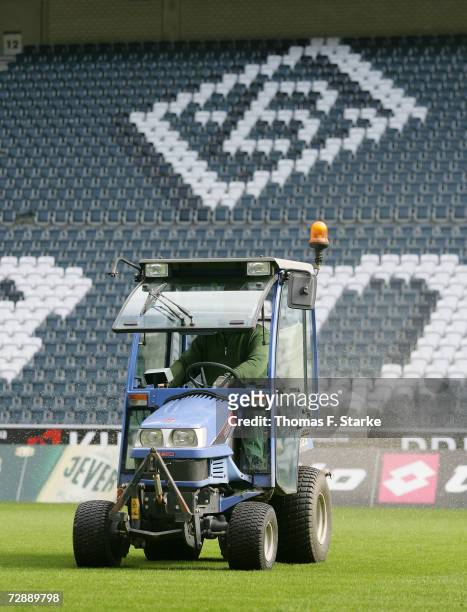 An attendee of the training course activates a groundtractor at the Borussia Park on September 28, 2006 in Monchengladbach, Germany.