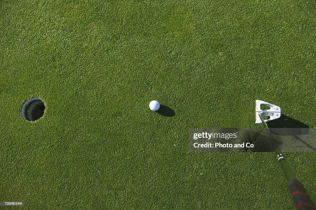 Golf ball and putter on green near hole at golf course