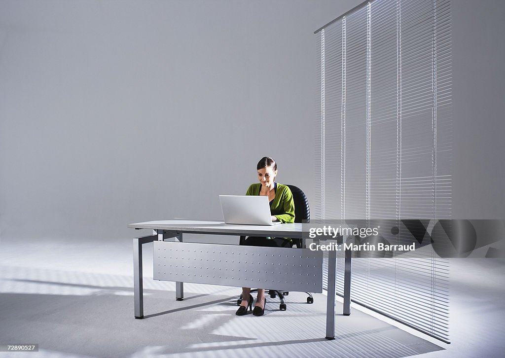 Young businesswoman sitting at desk, using laptop