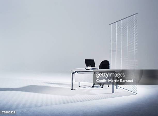 flat screen monitor on office desk in empty studio - desk setup stock pictures, royalty-free photos & images