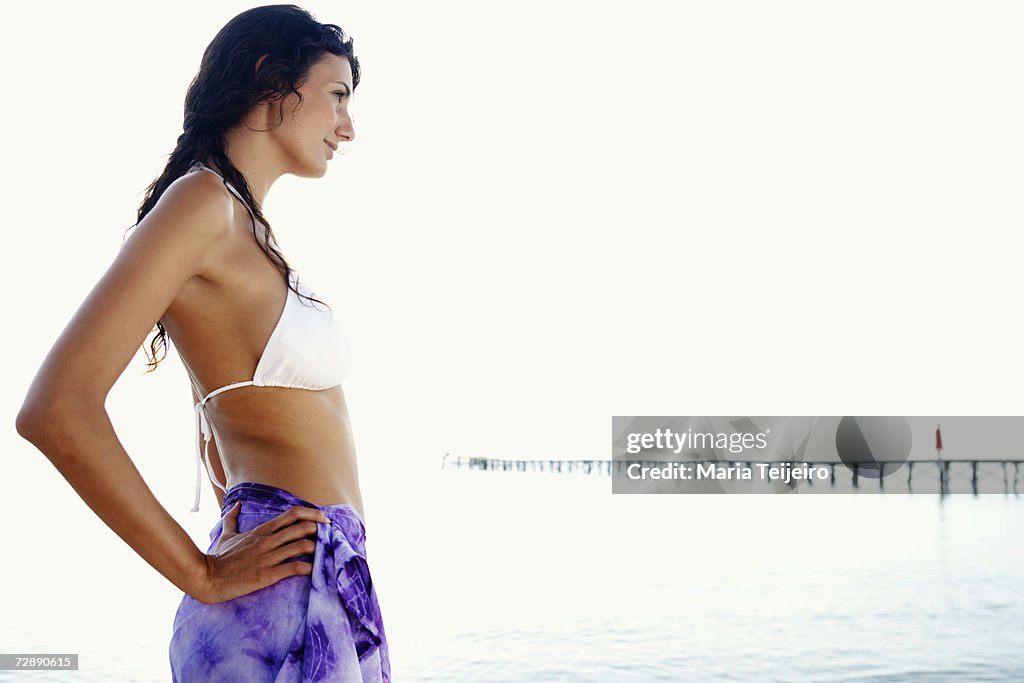 Woman in bikini standing on shore, side view