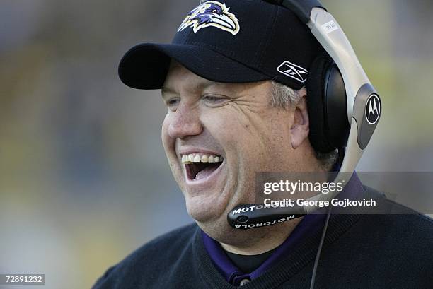 Defensive coordinator Rex Ryan of the Baltimore Ravens smiles while on the sideline during a game against the Pittsburgh Steelers at Heinz Field on...