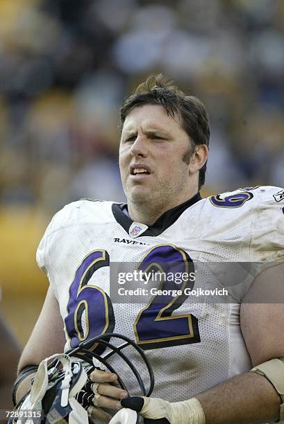 Offensive lineman Mike Flynn of the Baltimore Ravens on the sideline during a game against the Pittsburgh Steelers at Heinz Field on December 24,...