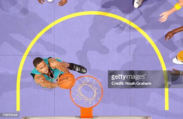Tyson Chandler of the New Orleans/Oklahoma City Hornets goes to the hoop during the NBA game against the Los Angeles Lakers at Staples Center on...