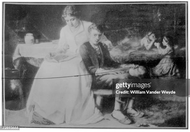 Photograph of a painting of American President Abraham Lincoln as a young boy as he sits on bench with a woman, likely his mother Nancy Banks...