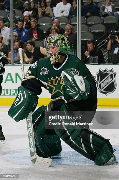 Marty Turco of the Dallas Stars tends goal against the Columbus Blue Jackets at American Airlines Center on December 12, 2006 in Dallas, Texas. The...