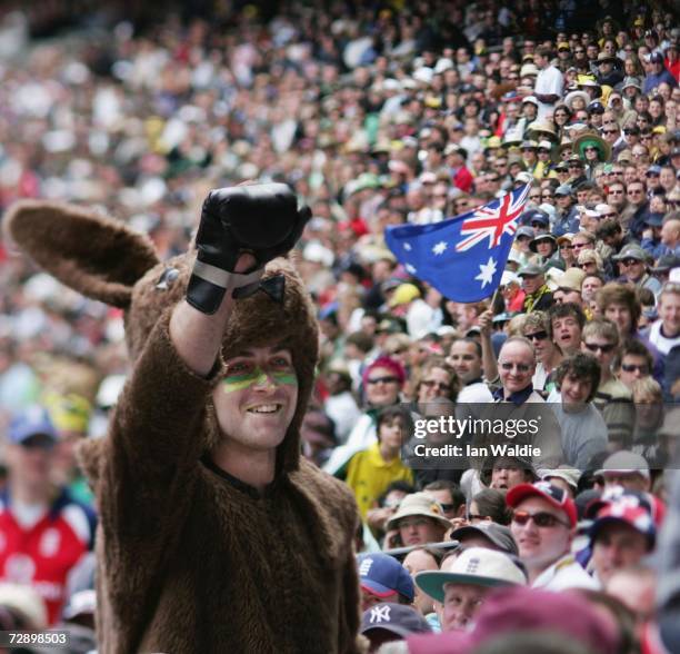 Australian fan Adam Kuss appears in the crowd dressed as a kangaroo during the fourth Ashes test at the Melbourne Cricket Ground on December 28, 2006...