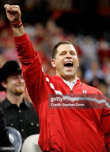 Head coach Greg Schiano of the Rutgers Scarlet Knights celebrates after playing the Kansas State Wildcats in the Texas Bowl on December 28, 2006 at...