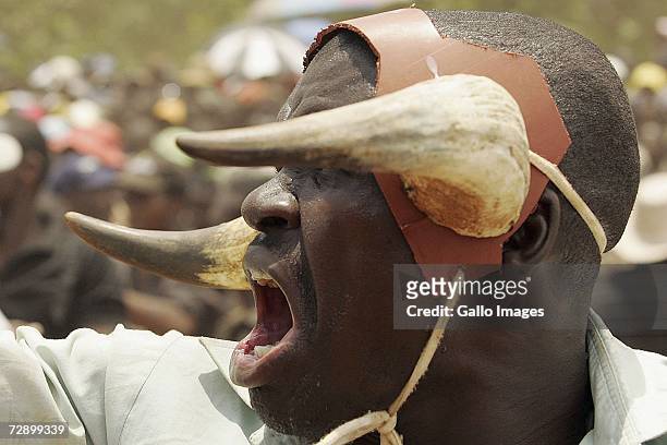 Mr T screams support for the fighters during a traditional fist fighting match on December 29, 2006 in Tshaulu Village, Venda, South Africa. Local...