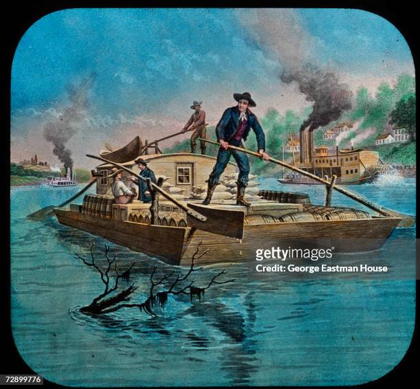 Image by Joseph Boggs Beale shows American President Abraham Lincoln as a young man as he steers a flatboat around a semi-submerged tree limb in a...