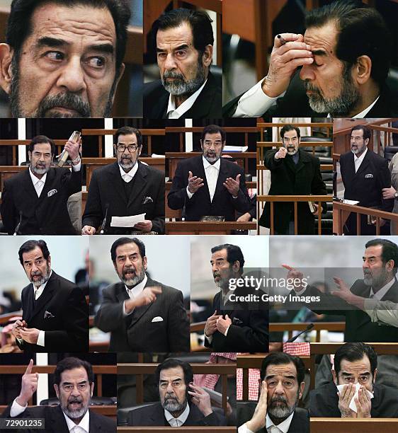 In this composite image of sixteen photographs, former Iraqi President Saddam Hussein is seen in court during his trial, in the fortified 'green...