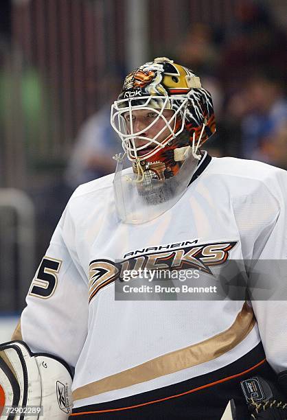 Jean-Sebastien Giguere of the Anaheim Ducks looks on against the Atlanta Thrashers on December 13, 2006 at Philips Arena in Atlanta, Georgia. The...