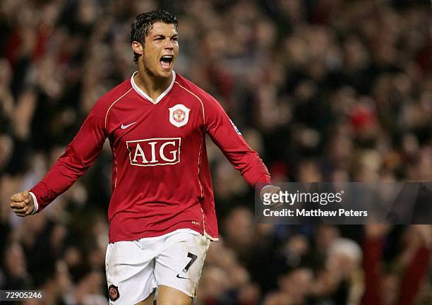 Cristiano Ronaldo of Manchester United celebrates scoring the fourth goal during the Barclays Premiership match between Manchester United and Reading...