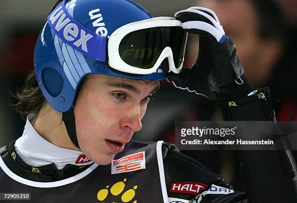 Arttu Lappi of Finland reacts during the FIS Ski Jumping World Cup at the 55th Four Hills ski jumping tournament on December 30, 2006 in Oberstdorf,...