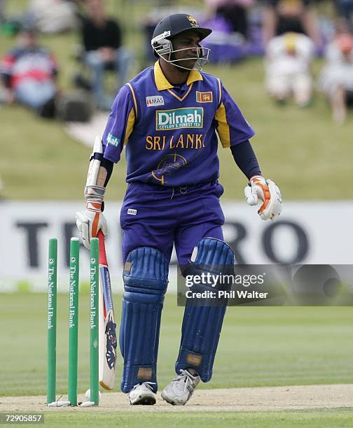 Sanath Jayasuriya of Sri Lanka walks from the crease after being bowled by Michael Mason of New Zealand during the second One Day International match...
