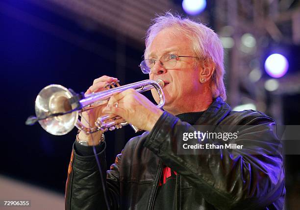Chicago trumpet player Lee Loughnane performs during a rehearsal for the "CD USA" New Year's Eve event at the Fremont Street Experience December 30,...