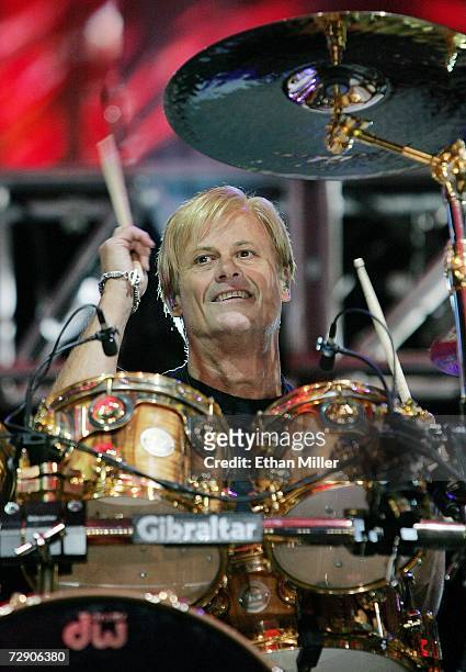 Chicago drummer Tris Imboden performs during a rehearsal for the "CD USA" New Year's Eve event at the Fremont Street Experience December 30, 2006 in...
