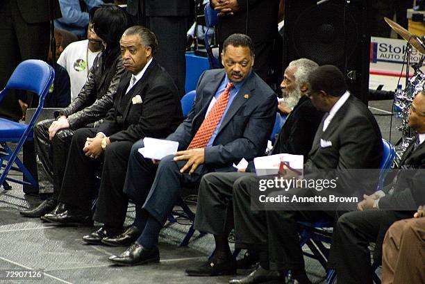 Music legend, Michael Jackson , Reverend Al Sharpton , the Reverend Jessee Jackson , and activist Dick Gregory attend the homegoing celebration for...