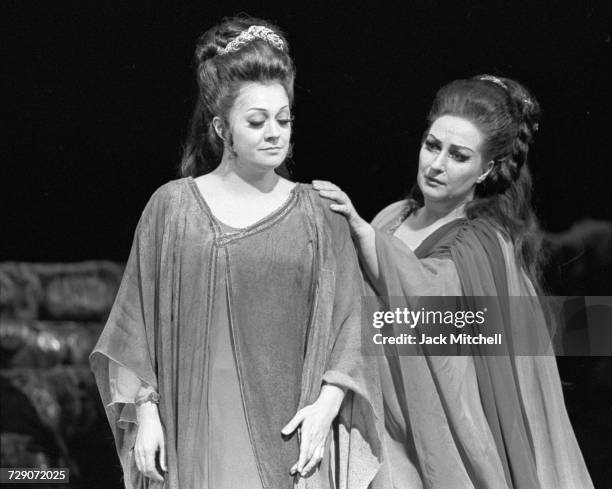 Metropolitan Opera's production of "Norma" starring Montserrat Caballé, John Alexander, Fiorenza Cossotto, and Giorgio Tozzi in February 1973. Photo...