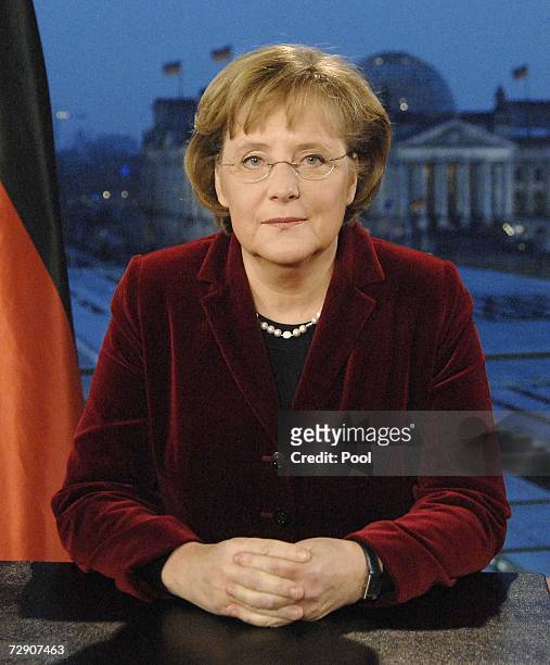 German Chancellor Angela Merkel records her New Year's speech on 30 December 2006, in Berlin, to be broadcasted on 31 December.