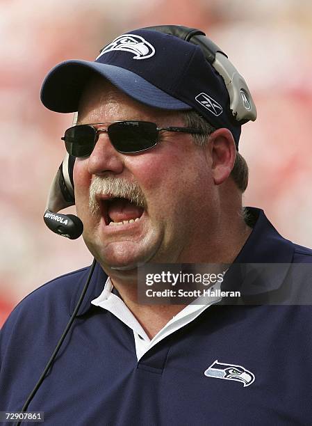 Head coach Mike Holmgren of the Seattle Seahawks yells in the first half of the game against the Tampa Bay Buccaneers at Raymond James Stadium...