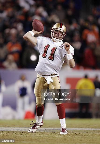 Alex Smith of the San Francisco 49ers throws against the Denver Broncos at Invesco Field at Mile High December 31, 2006 in Denver, Colorado. The...