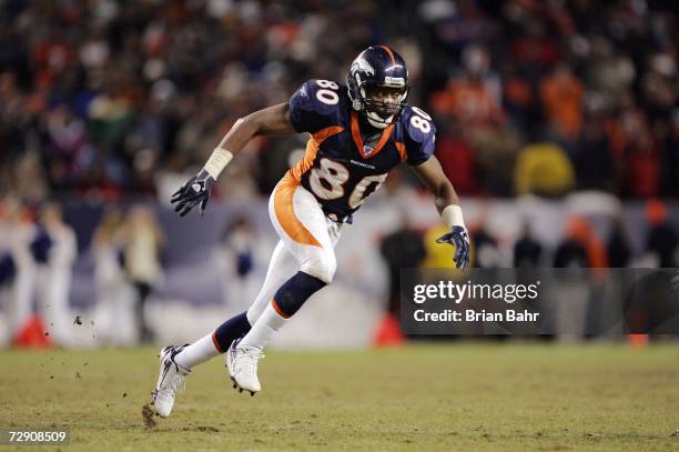 Rod Smith of the Denver Broncos runs a route late in the game against the San Francisco 49ers at Invesco Field at Mile High December 31, 2006 in...