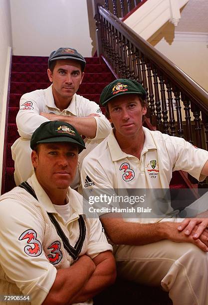 Justin Langer , Shane Warne and Glenn McGrath of Australia, who will all retire from Test cricket at the completion of the upcoming Test, pose for a...