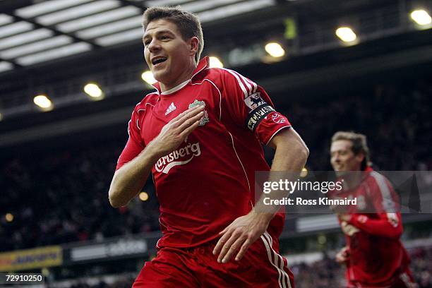 Steven Gerrard of Liverpool celebrates scoring the second goal during the Barclays Premiership match between Liverpool and Bolton Wanderers at...