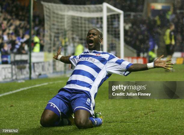 Leroy Lita of Reading celebrates the fifth goal during the Barclays Premiership match between Reading and West Ham United at the Madejski Stadium on...