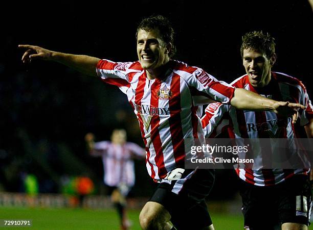 Tobias Hysen of Sunderland celebrates his goal during the Coca Cola Championship match between Leicester City and Sunderland at the Walkers Stadium...