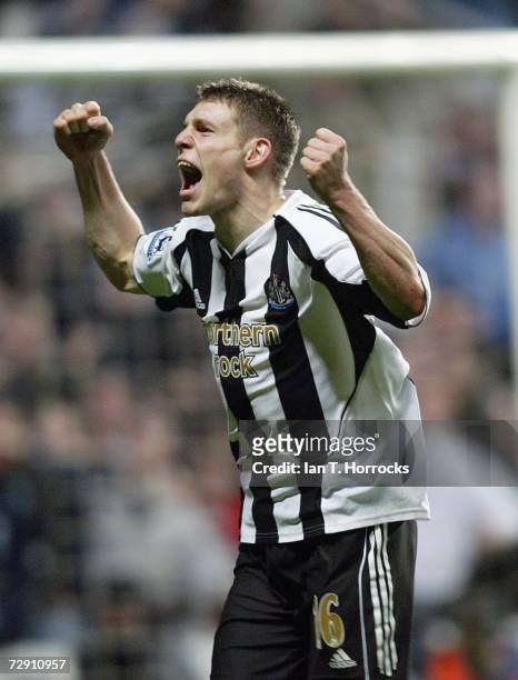 James Milner celebrates after scoring Newcastle's opening goal during the Barclays Premiership match between Newcastle United and Manchester United...