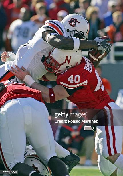 Running back Carl Stewart of the Auburn Tigers dives for a touchdown against Lance Brandenburgh of the Nebraska Cornhuskers during the AT&T Cotton...