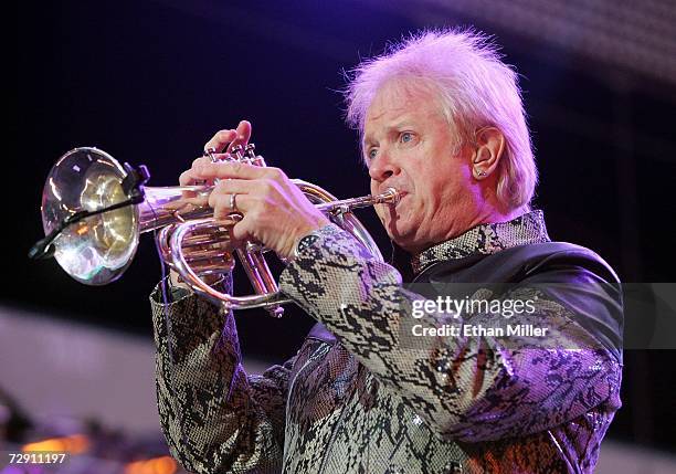 Chicago trumpet player Lee Loughnane performs during the "CD USA" New Year's Eve event at the Fremont Street Experience December 31, 2006 in Las...