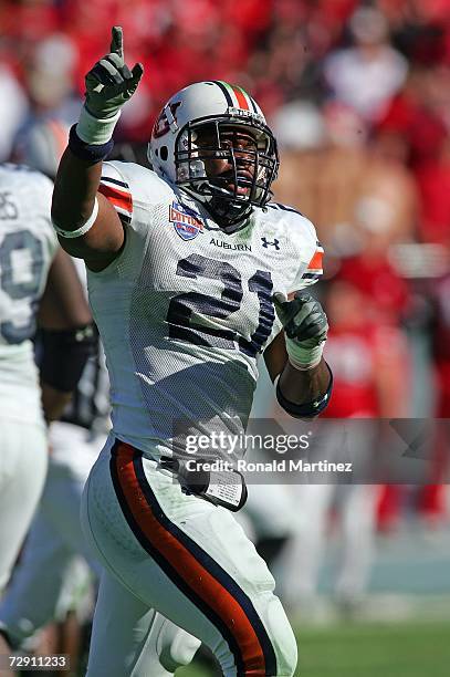 Line backer Karibi Dede of the Auburn Tigers reacts in the final seconds of a 17-14 win against the Nebraska Cornhuskers during the AT&T Cotton Bowl...