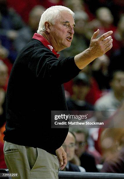 Head Coach Bobby Knight of Texas Tech shouts instructions to his team as they New Mexico at United Spirit Arena January 1, 2007 in Lubbock, Texas.