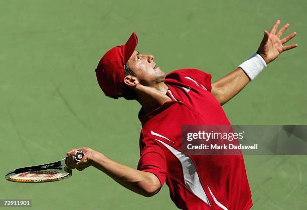 Novak Djokovic of Serbia serves to Jan Hajek of the Czech Republic during day three of the Next Generation Adelaide International 2007 at Memorial...