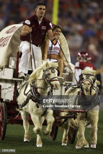 The Oklahoma Sooners Boomer Schooner enters the field at the Tostito's Fiesta Bowl against the Boise State Broncos at University of Phoenix Stadium...