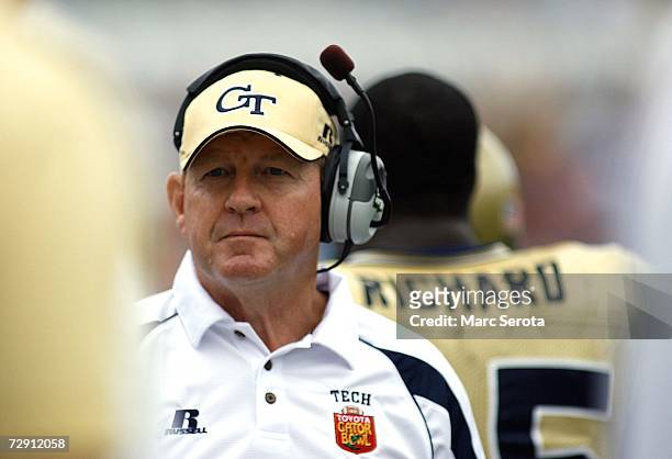 Head coach Chan Gailey of the Georgia Tech Yellow Jackets walks the bench during his teams loss to the West Virginia Mountaineers during the Toyota...