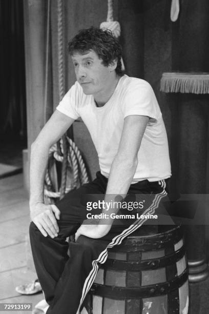 English actor and singer Michael Crawford during a rehearsal for a BBC production of the musical 'Barnum', circa 1986.