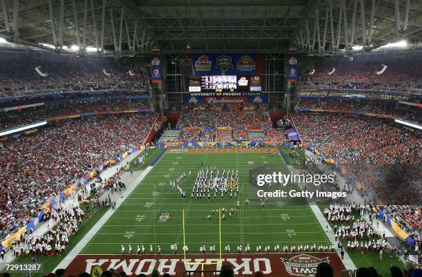 General view of the field as the Oklahoma Sooners marching band plays before the Tostito's Fiesta Bowl between the Sooners and the Boise State...